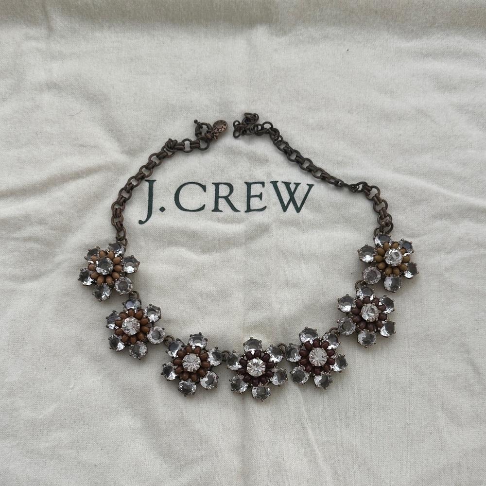 J. Crew Silver and Brown Crystal Flower Necklace